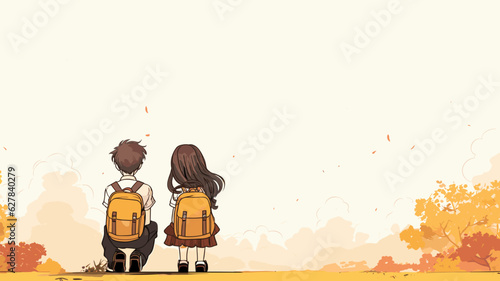 AI generated. Vector illustration. School boy and girl with satchel. White background. Back to school theme. Backview.