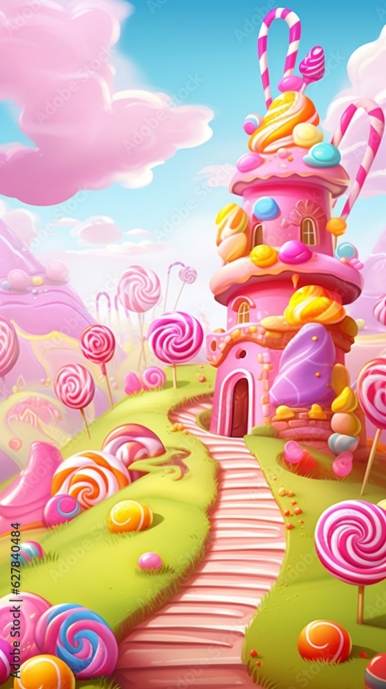 Sweet candy land. Cartoon game background, Sweet land with Candies, milk river, candy castle, colorful candy land 