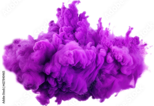 Bright purple color powder explosion burst on air, isolated on transparent background.