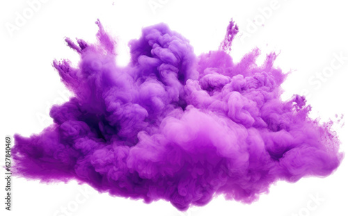 Bright purple color powder explosion burst on air, isolated on transparent background.