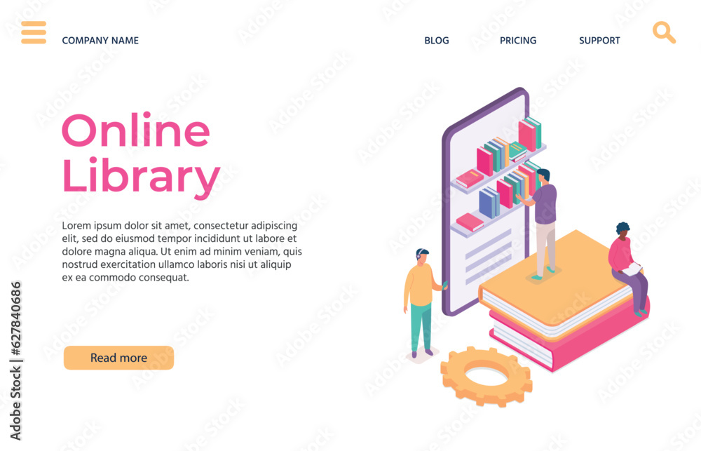 Web library online education landing pages. Man choosing book in tablet. Shelves full of textbooks, man character Web library online education landing pages. Man choosing book in tablet. Shelves full of textbooks, man character