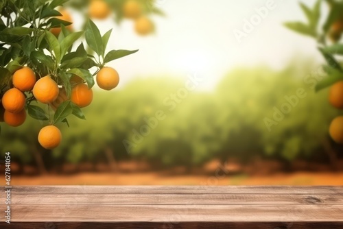 Empty wood table with free space over orange trees, orange field background. For product display montage. Orange field background.