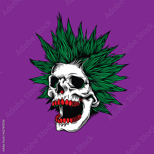 Abstract vector illustration. A crazy skull with a crazy hairstyle with sparks from the eyes. T-shirt design, stickers, print.