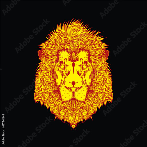 Original monochrome vector illustration. Abstract lion head with a beautiful mane. T-shirt design, design element.