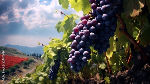 illustration, delicious grape in scenic vineyard, ai generative
