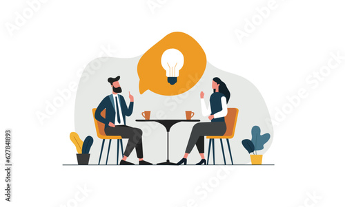 Man and a woman are sitting at a table with coffee and come up with a new business idea. The concept of idea generation, development and creation of a new project. Flat illustration.