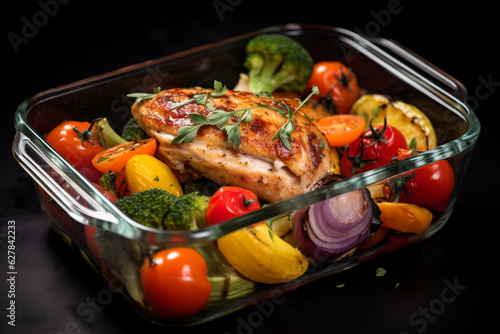 Homemade keto chicken with vegetables in a container. AI generation