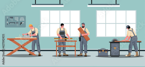 Woodworking industry, joiners with instruments, carpentry workshop concept