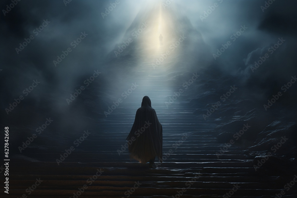 Journey of Faith: Cloaked Figure Ascending Misty Stone Steps towards Glowing Archway