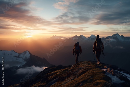 Photograph of people hiking in mountains with panoramic views at dusk  Generative AI