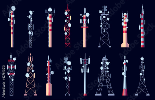 Communication tower. Telecom relay antenna with mobile phone signal, cell phone signal, internet connection, mobile broadband. Vector illustration