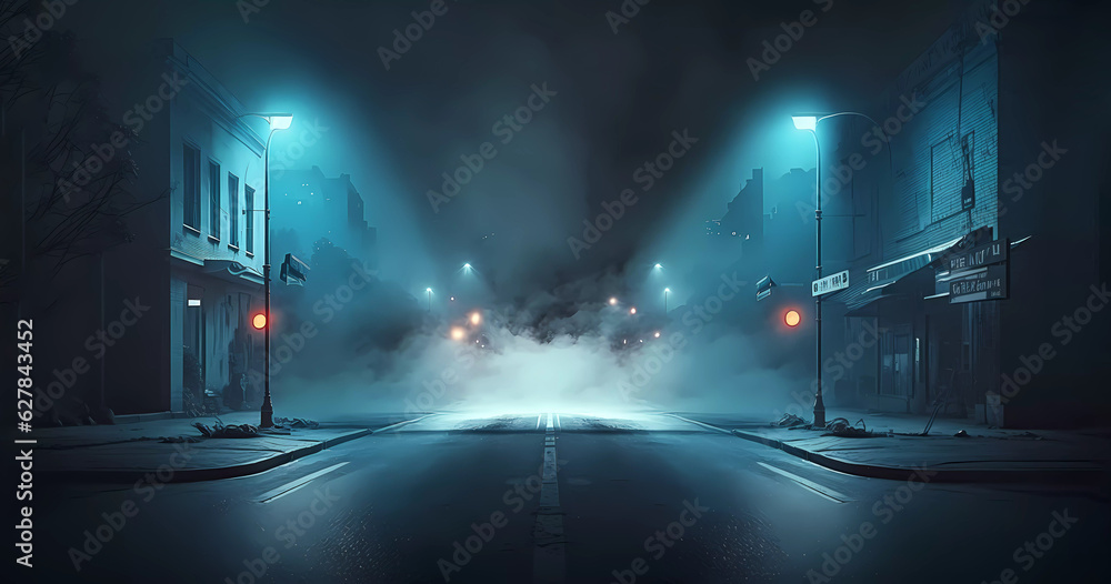 Night street. Wet asphalt, reflection of neon lights, smoke of lanterns. Screensaver. Generated AI