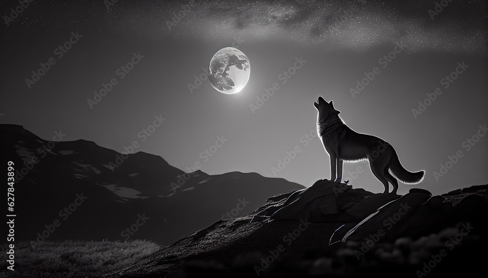 wolf, wolf howling at the moon, black and white photography, generated