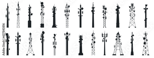 Radio mast silhouettes. Outline broadcast antenna towers, communication technology technology equipment. Vector set photo