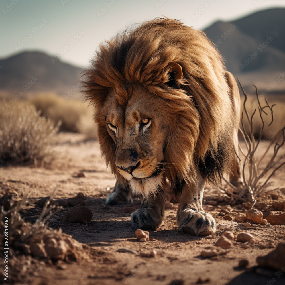 Fototapeta premium lion eating grass in a desert