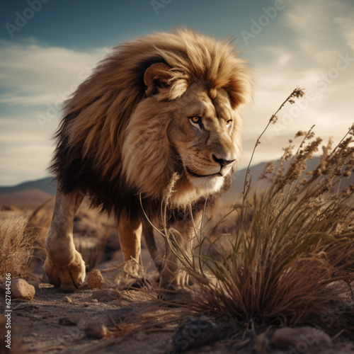lion eating grass in a desert