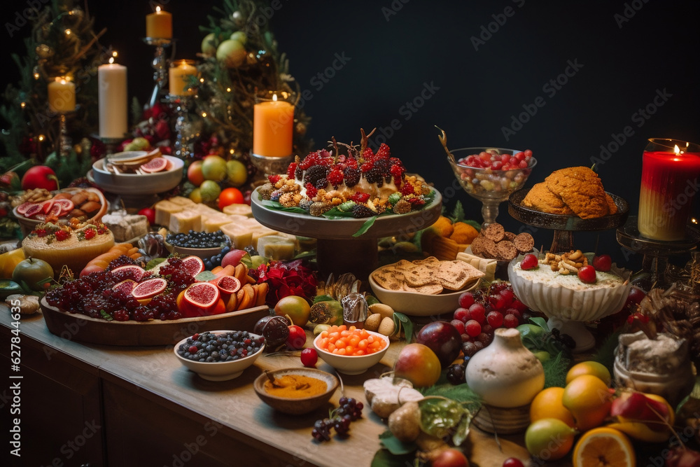 A large table Christmas theme foods and decorations AI generated, Generative AI, AI Art, illustration,