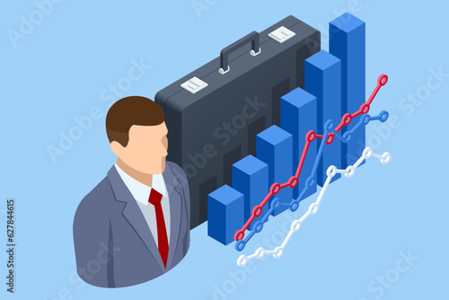 Isometric Businessman analyst working with digital finance. Data and key performance indicators for business intelligence analytics