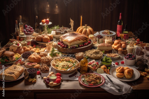 A large table Christmas theme foods and decorations AI generated, Generative AI, AI Art, illustration,