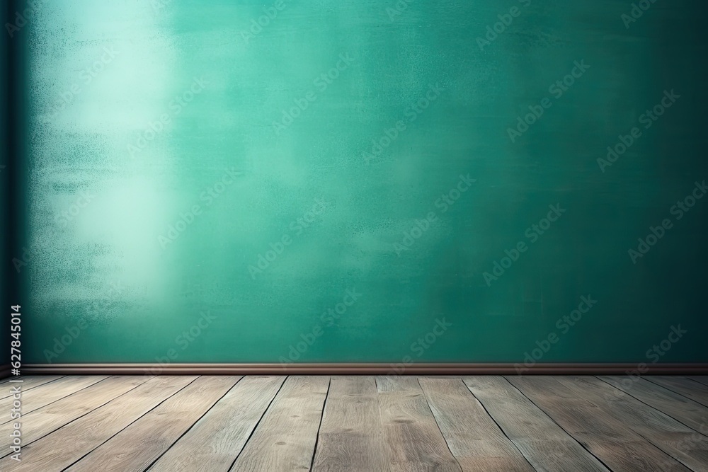 Blue turquoise green empty wall and wooden floor with interesting with glare from the window. Interior background for the presentation.