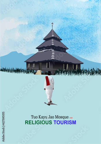 Vector: The Nurul Islam Koto Kayu Jao Mosque is one of the oldest mosques in Indonesia which is located in Jorong Kayu Jao, Nagari Batang Barus, Gunung Talang District, Solok Regency, West Sumatra. photo