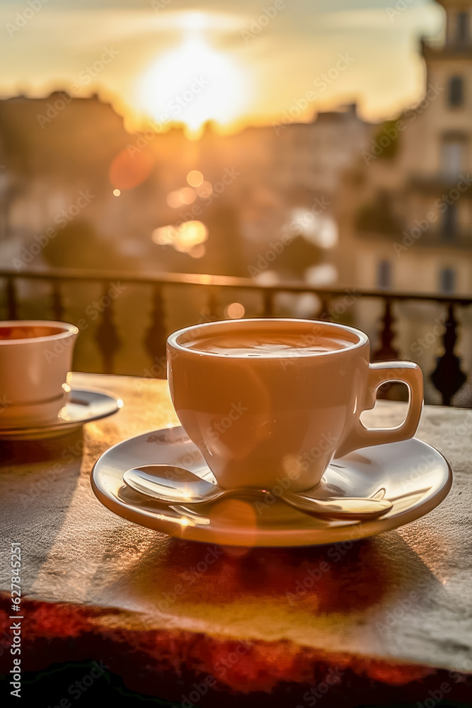 Cafe on a wooden table, in the background the Coliseum of Rome. Generative AI Cafe on a wooden table, in the background the Coliseum of Rome. Generative AI