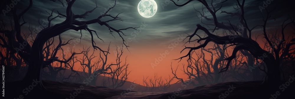 Old wood table and silhouette dead tree at night for Halloween background