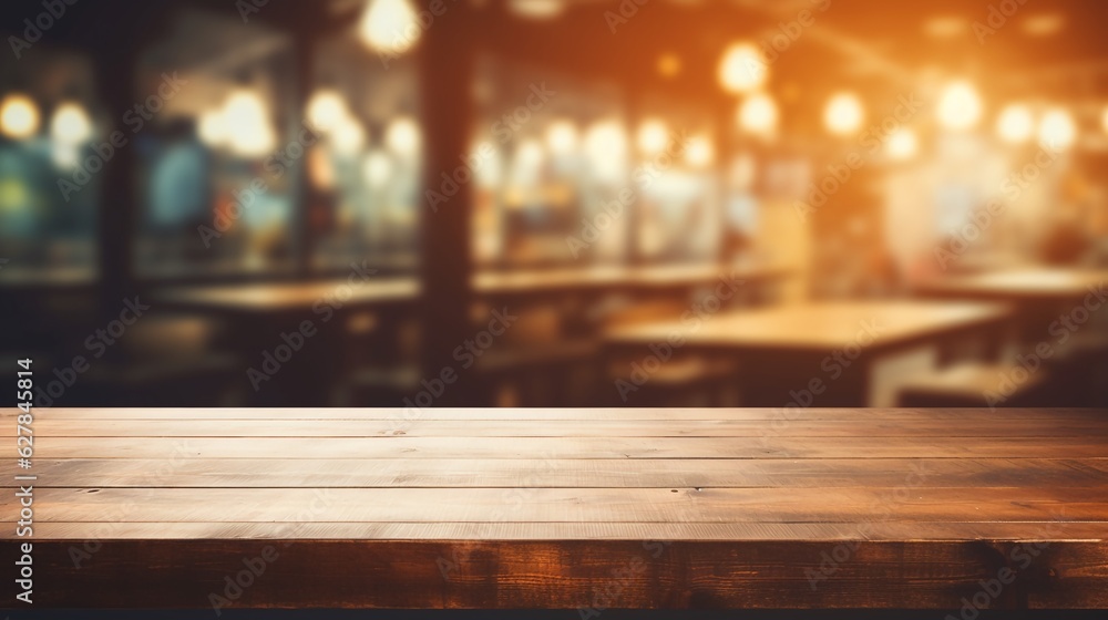 Empty wooden table top with lights bokeh on blur restaurant background Empty wooden table top with lights bokeh on blur restaurant background