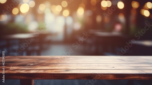 Empty wooden table top with lights bokeh on blur restaurant background