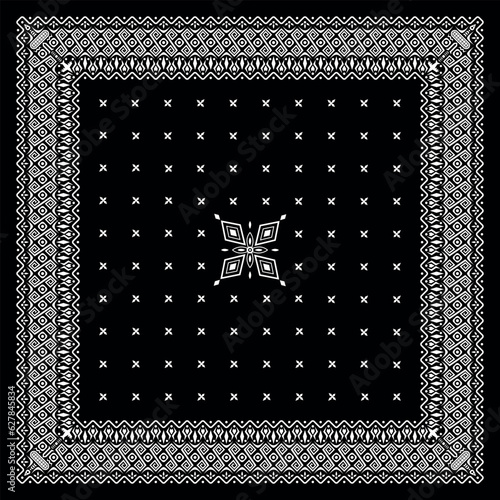 Simple Black Bandana decorated with white geometric ornament that can be applied to fabrics of various colors (ID: 627845834)