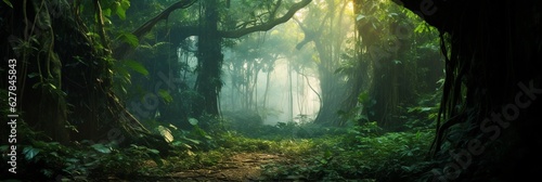 Deep tropical jungles of Southeast Asia, green trees tunnel extra wide background banner