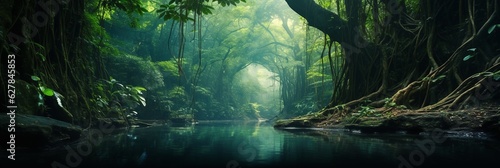 Deep tropical jungles of Southeast Asia, green trees tunnel extra wide background banner