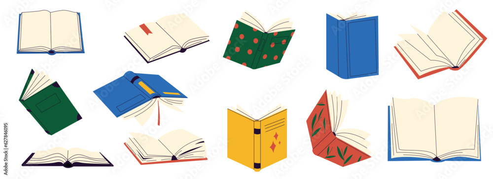 Open books set. Doodle colorful book covers with hand drawn letters, study literature concept for college education. Vector flat set