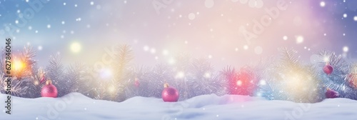 Christmas background. Xmas tree with snow decorated with garland lights, holiday festive background. Widescreen frame backdrop. New year Winter art design, Christmas scene wide screen holiday border