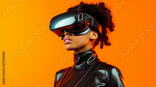 Gorgeous young black lady with vr. Generative AI. © LeveL4