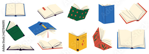Open books set. Doodle colorful book covers with hand drawn letters, study literature concept for college education. Vector flat set