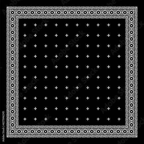 Simple Black Bandana decorated with white geometric ornament that can be applied to fabrics of various colors (ID: 627846245)