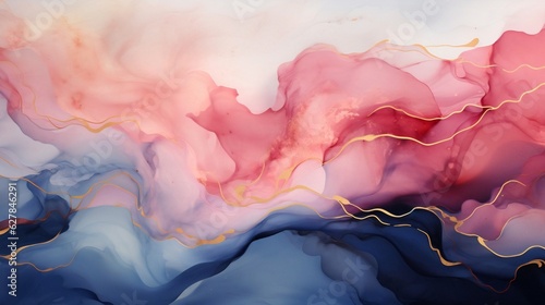 Generative AI : Marble Soft Blue and Pale Pink liquid watercolor background with gold wave pattern. Dusty grey emerald alcohol ink drawing effect with golden stains. Vector illustration of fluid acryl