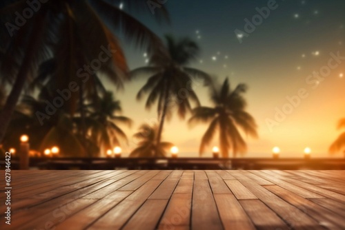 Generative AI : Wood table empty with sunset beautiful sky on the beach, Copy space