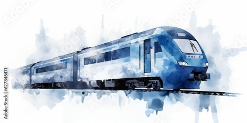  Blue Aquarelle Silhouette of a Modern Electric Train on a White Background, Crafted with the Style of Digital Airbrushing photo
