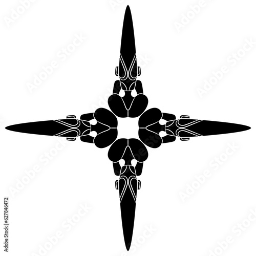 Rectangular cross shape ethnic design with four figurines of Hongshan culture. Fantastic humanoid sculptures from ancient China. Black and white silhouette.
