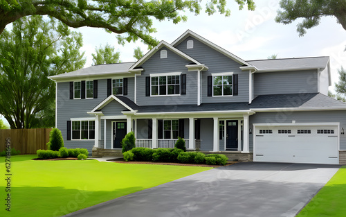 Outdoor exterior realistic modern house environment with green grass in the foreground © Supriyanto