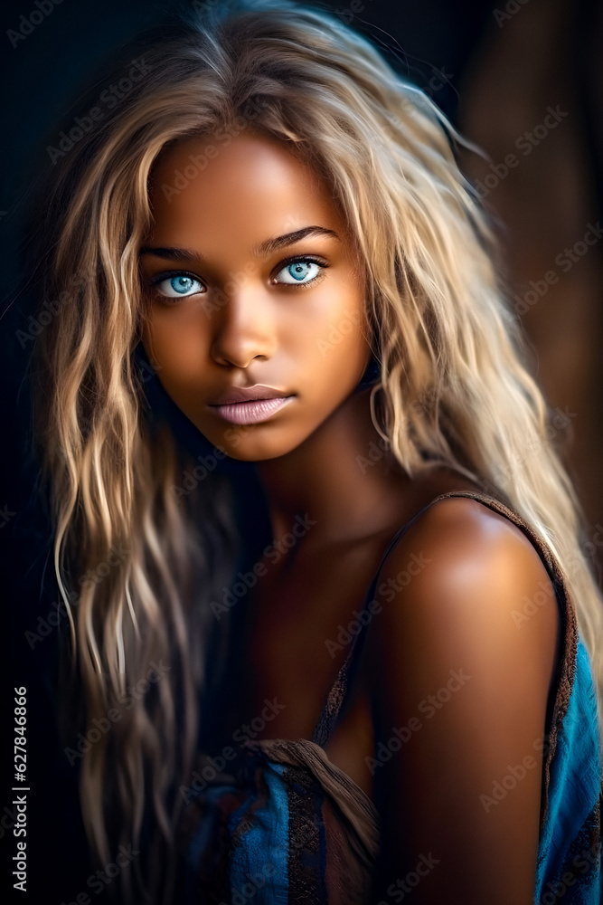 Elegant Portrait of a Beautiful Black Model with Blonde Hair and Blue Eyes - generative ai Elegant Portrait of a Beautiful Black Model with Blonde Hair and Blue Eyes - generative ai