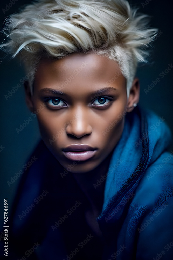 Ethereal Beauty: Portrait of a Young Black Male Model with Platinum Blond Hair and Blue Eyes - AI-Generated Portrait Ethereal Beauty: Portrait of a Young Black Male Model with Platinum Blond Hair and Blue Eyes - AI-Generated Portrait