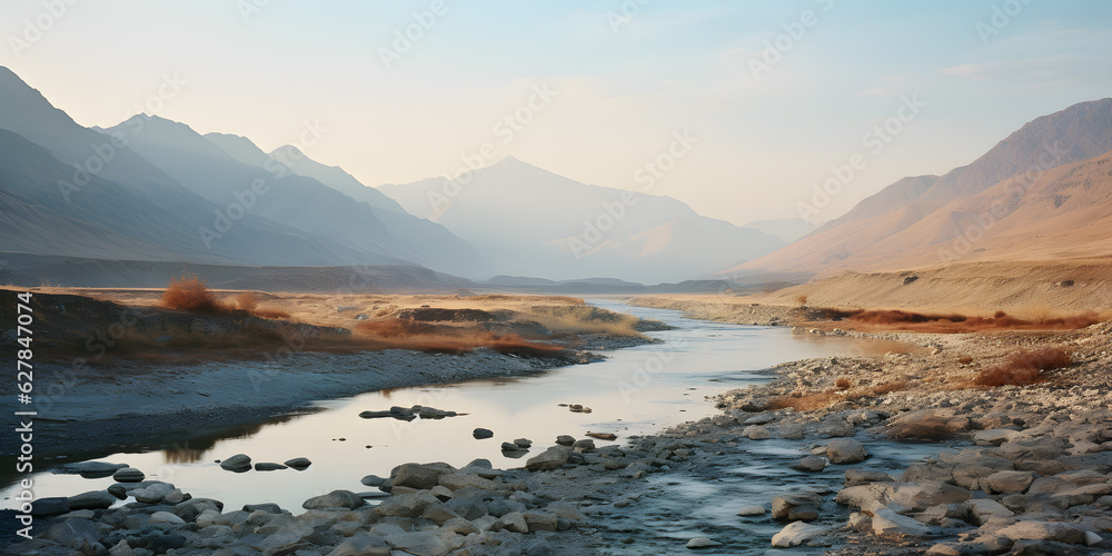 Majestic Landscape - Mountains, Plains, and River in Beautiful Sunlight - generative ai