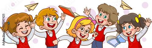 Group diverse elementary classmates in school uniform jumping surrounded by flying notebooks and books. Adorable school boys and girls have fun together horizontal banner isolated