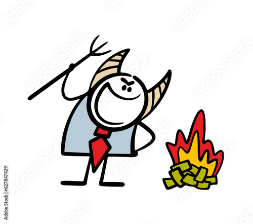 Insidious boss of the devil with horns and pitchforks is having fun over a bonfire with money. Vector illustration of an evil businessman destroying cash fiat currency.