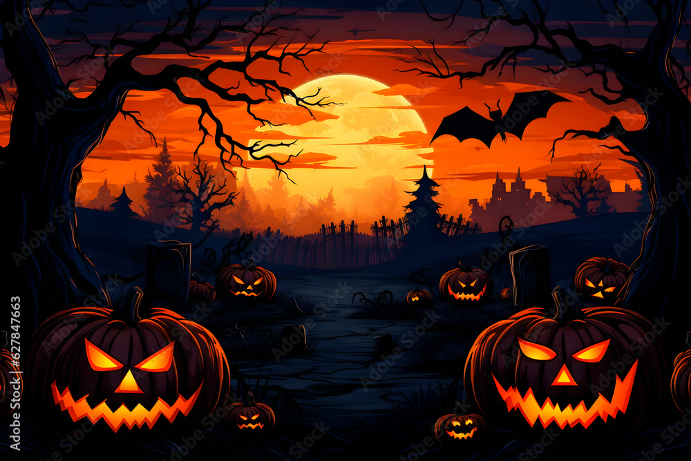 Forest with halloween pumpkins at night.