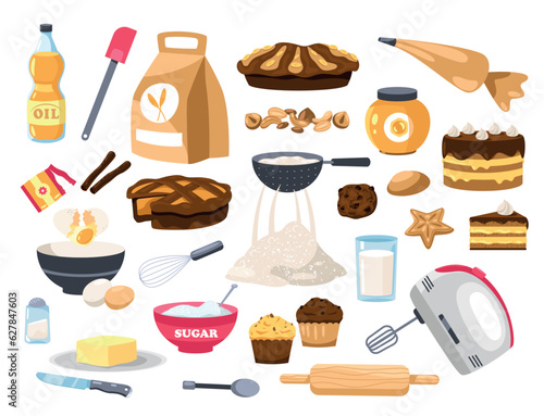 Baked food and ingredients. Cartoon sweet master class, dough doughnuts, cookie dough, cake and pastry baking tools. Vector isolated set