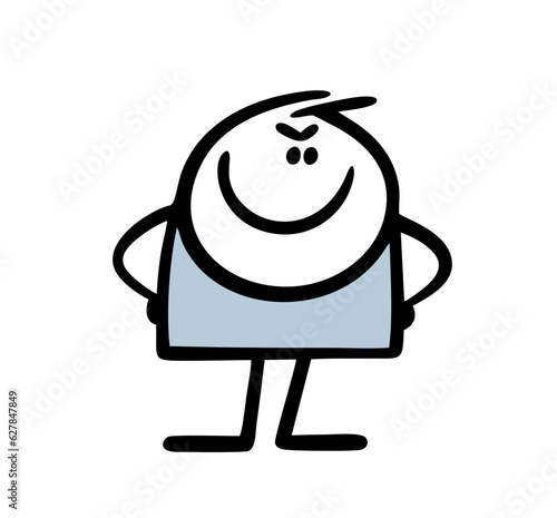 Insidious teenage stickman stands and watches the passers-by. Vector cartoon photo of funny guy.